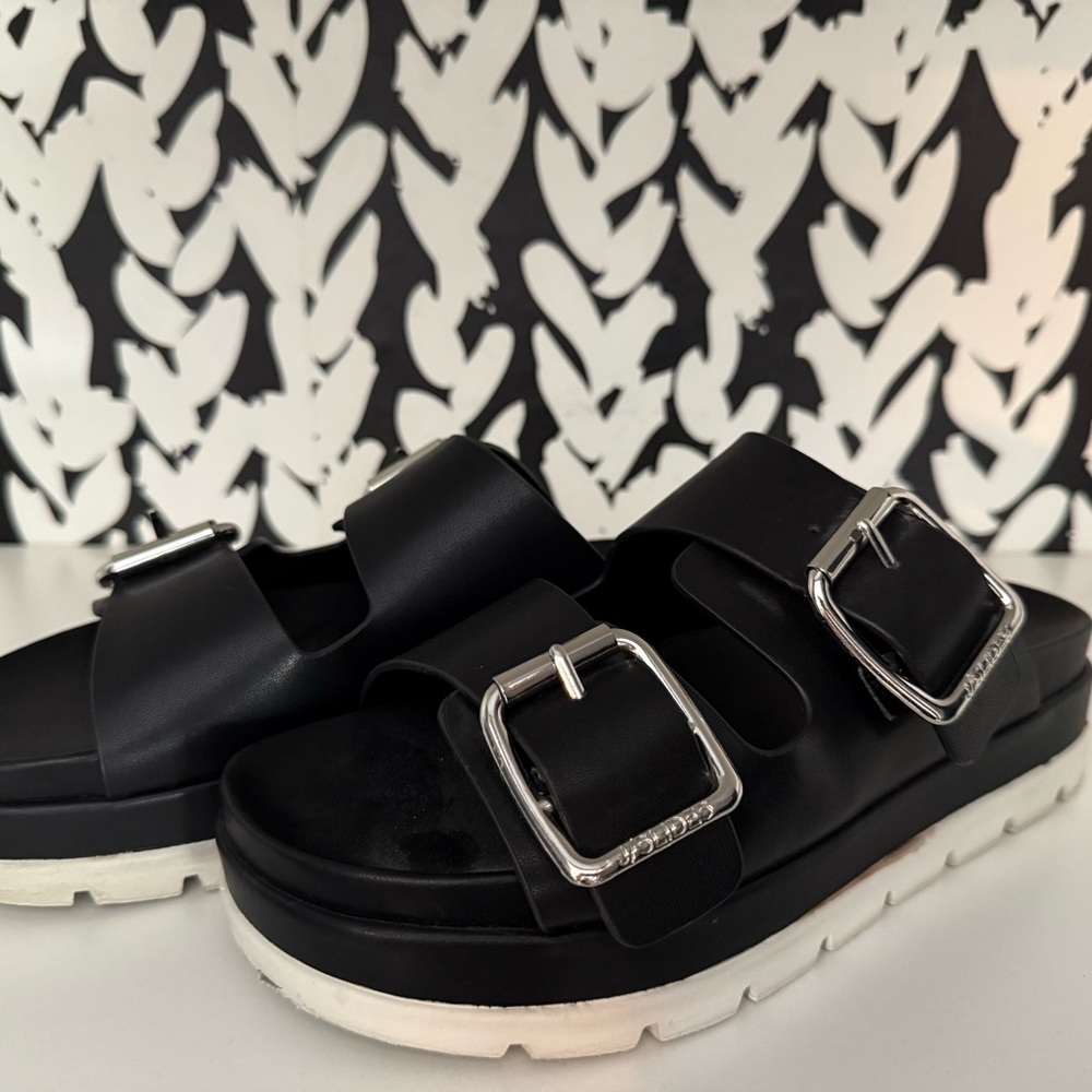 J Slides Black with Silver Buckle Strap Slides